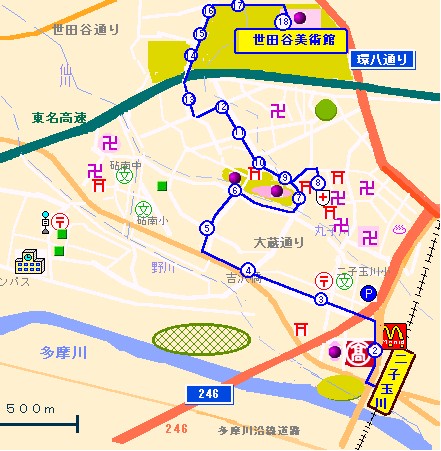 二子玉川駅発 世田谷美術館行バス路線図 二子玉川と地図