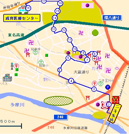 二子玉川駅発 成育医療センター行バス路線図 二子玉川と地図