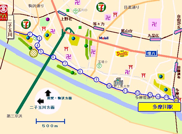 二子玉川駅発 多摩川駅行バス路線図 二子玉川と地図